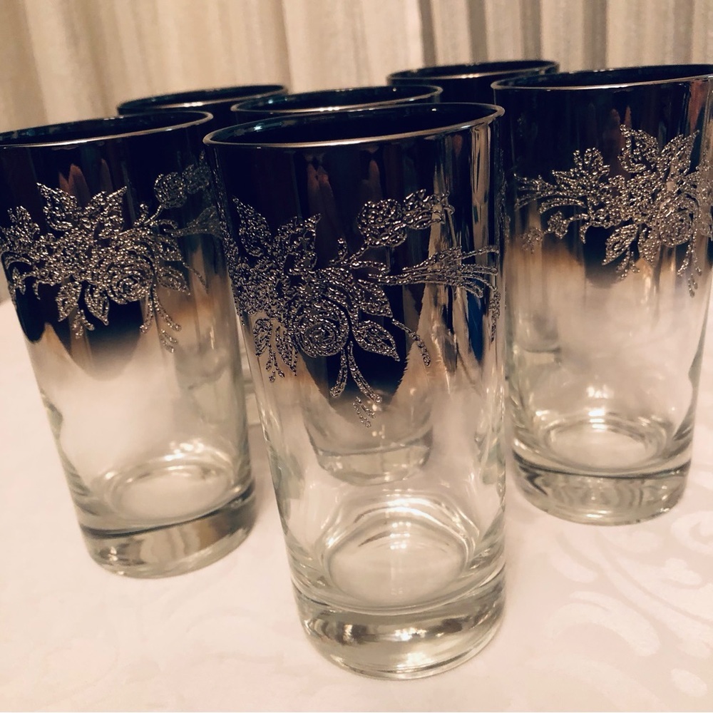 1970s Vitreon Queen’s Lustreware 6 Silver Platinum Mirror OmbreHighball Glasses - Picture 7 of 11